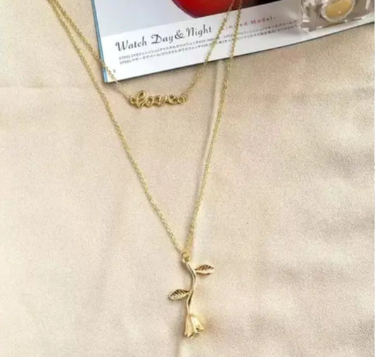Double Layered Rose Love Word Pendant Necklace For Girls And Women