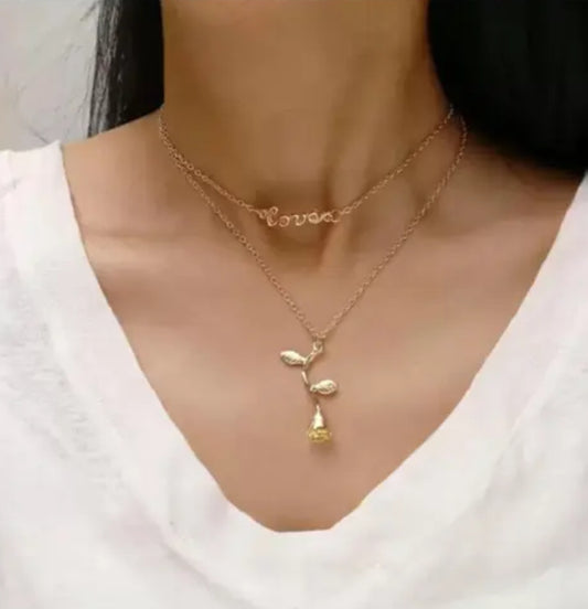 Double Layered Rose Love Word Pendant Necklace For Girls And Women